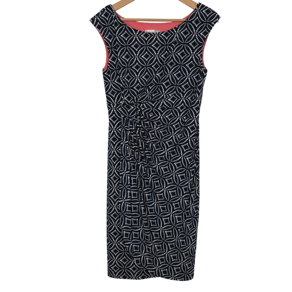 Women Faux Wrap Geometric Midi Dress Size 10 Navy‎ Stretch Office Modest Church